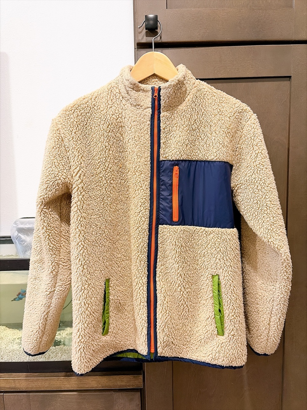 Epic Threads Cream Sherpa Jacket with Navy & Lime-Green Accents
